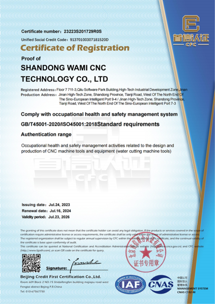 China SHANDONG WAMI CNC TECHNOLOGY CO.LTD certification